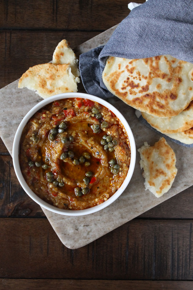 MHFoods photo recipe smoky eggplant dip capers with flatbread portrait edited v2 666x1000 20190731